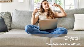  Presentation with fingers - Presentation theme consisting of beautiful-young-brunette-woman-sitting background and a coral colored foreground