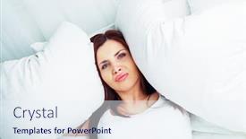  Presentation with insomnia - Slide deck enhanced with beautiful young brunette woman unhappy about noise or insomnia with a pillow in bed background and a sky blue colored foreground