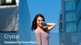  Presentation with business pink - Audience pleasing theme consisting of beautiful young brunette woman in sexy pink dress against business building street backdrop and a ocean colored foreground
