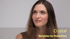  Presentation with emotions - Slide set having beautiful young brunette woman in a gray dress posing and expresses different emotions close-up portret background and a tawny brown colored foreground