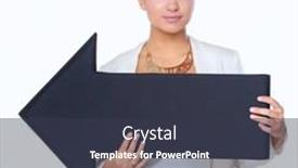  Presentation with black business - PPT theme enhanced with beautiful young business woman holding black arrows over a white background background and a tawny brown colored foreground