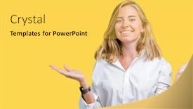  Presentation with comparison - Amazing PPT theme having beautiful young business woman over isolated background smiling showing both hands open palms presenting and advertising comparison and balance backdrop and a yellow colored foreground