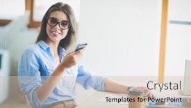  Presentation with woman office desk - Slides having beautiful-young-business-woman-sitting background and a soft green colored foreground