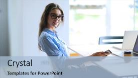  Presentation with woman office desk - Colorful slide deck enhanced with beautiful young business woman sitting backdrop and a  colored foreground