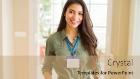  Presentation with business card - Audience pleasing slide set consisting of beautiful young business woman wearing id card backdrop and a coral colored foreground
