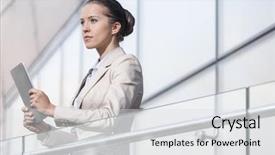 Presentation with railing - Theme enhanced with beautiful young businesswoman holding digital tablet at office railing background and a light gray colored foreground