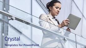  Presentation with railing - Audience pleasing PPT theme consisting of beautiful young businesswoman using digital tablet at office railing backdrop and a sky blue colored foreground