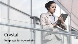  Presentation with railing - Amazing slide set having beautiful young businesswoman using digital tablet at office railing backdrop and a light gray colored foreground