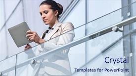  Presentation with railing - Presentation design having beautiful young businesswoman using digital tablet at office railing background and a sky blue colored foreground