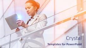  Presentation with railing - Theme with beautiful young businesswoman using digital tablet at office railing background and a sky blue colored foreground