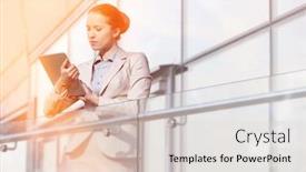  Presentation with railing - Slides enhanced with beautiful young businesswoman using digital tablet at office railing background and a lemonade colored foreground