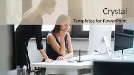  Presentation with working together - Slide set featuring beautiful young bussines women working background and a soft green colored foreground