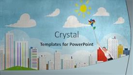  Presentation with windmill - Cool new theme with beautiful young caucasian businesswoman flying on windmill backdrop and a light blue colored foreground