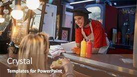  Presentation with fast food - Cool new slide deck with beautiful-young-caucasian-employee backdrop and a tawny brown colored foreground