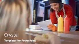  Presentation with food service - PPT layouts having beautiful-young-caucasian-female-employee background and a coral colored foreground