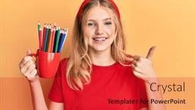  Presentation with colored pencils - PPT theme having beautiful-young-caucasian-girl-holding background and a red colored foreground