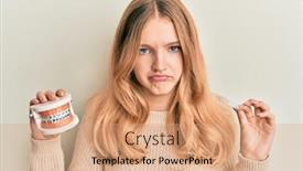  Presentation with orthodontic - PPT theme with beautiful-young-caucasian-girl-holding background and a coral colored foreground