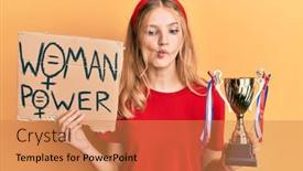  Presentation with girl power - Audience pleasing PPT theme consisting of beautiful-young-caucasian-girl-holding backdrop and a coral colored foreground