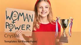  Presentation with girl power - PPT theme having beautiful-young-caucasian-girl-holding background and a coral colored foreground