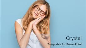  Presentation with closed - Cool new slide deck with beautiful-young-caucasian-girl-wearing backdrop and a light blue colored foreground