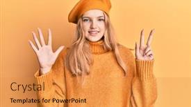  Presentation with eight - Colorful slide set enhanced with beautiful-young-caucasian-girl-wearing backdrop and a gold colored foreground