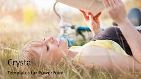  Presentation with beautiful young woman getting face - Cool new slides with beautiful young caucasian woman reading backdrop and a coral colored foreground