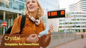  Presentation with bus station - Slide set featuring beautiful-young-cheerful-woman background and a tawny brown colored foreground