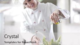  Presentation with chef - Presentation design having beautiful young chef woman prepare background and a light gray colored foreground