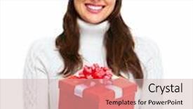  Presentation with girl christmas - PPT theme featuring beautiful young christmas girl with a present isolated on white background background and a soft green colored foreground