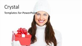  Presentation with girl christmas - Presentation theme having beautiful young christmas girl with a present isolated on white background background and a white colored foreground