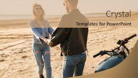  Presentation with motorbike - Presentation theme consisting of beautiful-young-cople-wearing-jackets background and a coral colored foreground