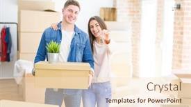  Presentation with young happy couple - PPT theme enhanced with beautiful young couple hugging in love and showing keys of new house smiling happy moving to a new apartment background and a lemonade colored foreground