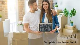  Presentation with young happy couple - Slide set enhanced with beautiful young couple moving to a new house smiling very happy holding blackboard with our first home text background and a coral colored foreground