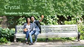  Presentation with summer time - Amazing presentation design having beautiful young couple sitting on the bench with a cup of coffee in summer time backdrop and a forest green colored foreground