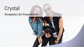  Presentation with fun - Beautiful presentation theme featuring beautiful young couple standing and having fun together over white background backdrop and a white colored foreground