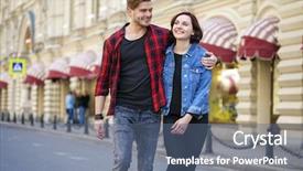  Presentation with russia city - PPT theme featuring beautiful young couple on a walk in the city moscow russia background and a ocean colored foreground