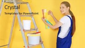  Presentation with yellow color - Cool new PPT theme with beautiful young decorator selecting color of wall on yellow background backdrop and a yellow colored foreground