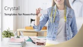  Presentation with business card - Slide set enhanced with beautiful-young-designer-with-business background and a light gray colored foreground