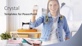  Presentation with business card - PPT layouts enhanced with beautiful-young-designer-with-business background and a white colored foreground