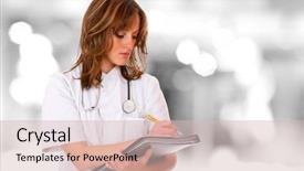  Presentation with taking notes - Amazing slides having beautiful young doctor with stethoscope taking notes backdrop and a soft green colored foreground