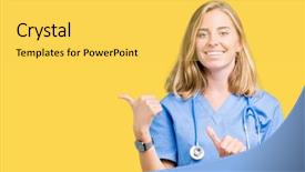  Presentation with medical robot hand and doctor - Theme with beautiful young doctor woman wearing background and a  colored foreground