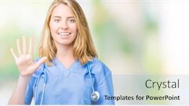  Presentation with medical smiling doctor - Slides featuring beautiful young doctor woman wearing medical uniform over isolated background showing and pointing up with fingers number five while smiling confident and happy background and a light blue colored foreground