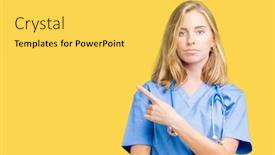  Presentation with medical hand - PPT theme with beautiful young doctor woman wearing medical uniform over isolated background pointing with hand finger to the side showing advertisement serious and calm face background and a yellow colored foreground