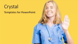  Presentation with young woman wearing boxer gloves - PPT theme featuring beautiful young doctor woman wearing background and a yellow colored foreground