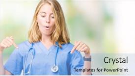  Presentation with medical job advertisement - Slide set featuring beautiful young doctor woman wearing background and a light blue colored foreground
