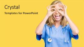  Presentation with eye for medical interpretation - Colorful slides enhanced with beautiful young doctor woman wearing backdrop and a yellow colored foreground