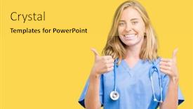  Presentation with medical sign - Audience pleasing presentation theme consisting of beautiful young doctor woman wearing medical uniform over isolated background success sign doing positive gesture with hand thumbs up smiling and happy looking at the camera with cheerful expression backdrop and a yellow colored foreground