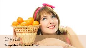  Presentation with standing sitting - PPT theme enhanced with beautiful young dreamy woman sitting by the table with a basket full of tangerines standing on it background and a coral colored foreground