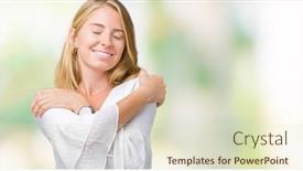  Presentation with confident love - Audience pleasing theme consisting of beautiful young elegant woman over isolated background hugging oneself happy and positive smiling confident self love and self care backdrop and a soft green colored foreground