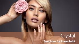  Presentation with glamour - Slide set consisting of beautiful young fashion woman with red lipstick glamour fashion model with bright gloss make-up posing at studio closeup beauty portrait with a flower light pink rose background and a coral colored foreground